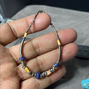 Artisan Sterling 950 Silver Lapis natural Bracelet with Blue and Yellow Beads